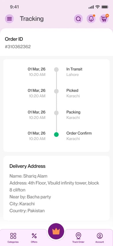Order status in the app - no email digging to check on a package