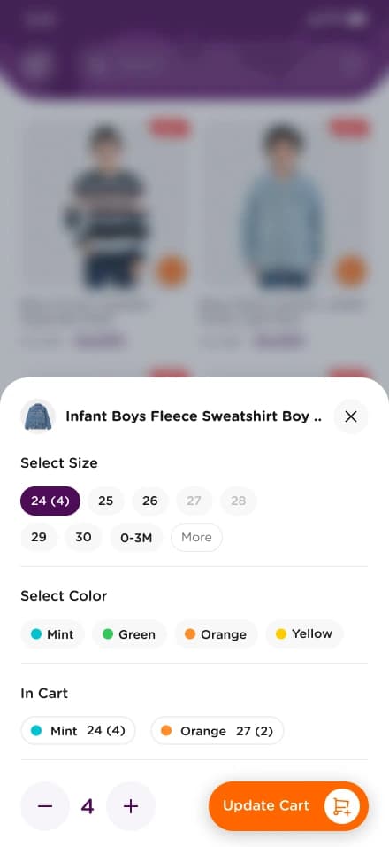 Full variant picker - size and color exactly as configured in Shopify